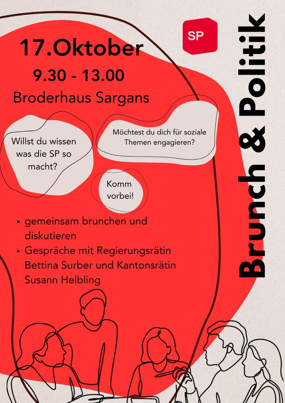 Flyer Brunch und Politik der SP Sarganserland am 17. Oktober 2026, 9.30–13 Uhr im Broderhaus Sargans, mit Bettina Surber und Susann Helbling