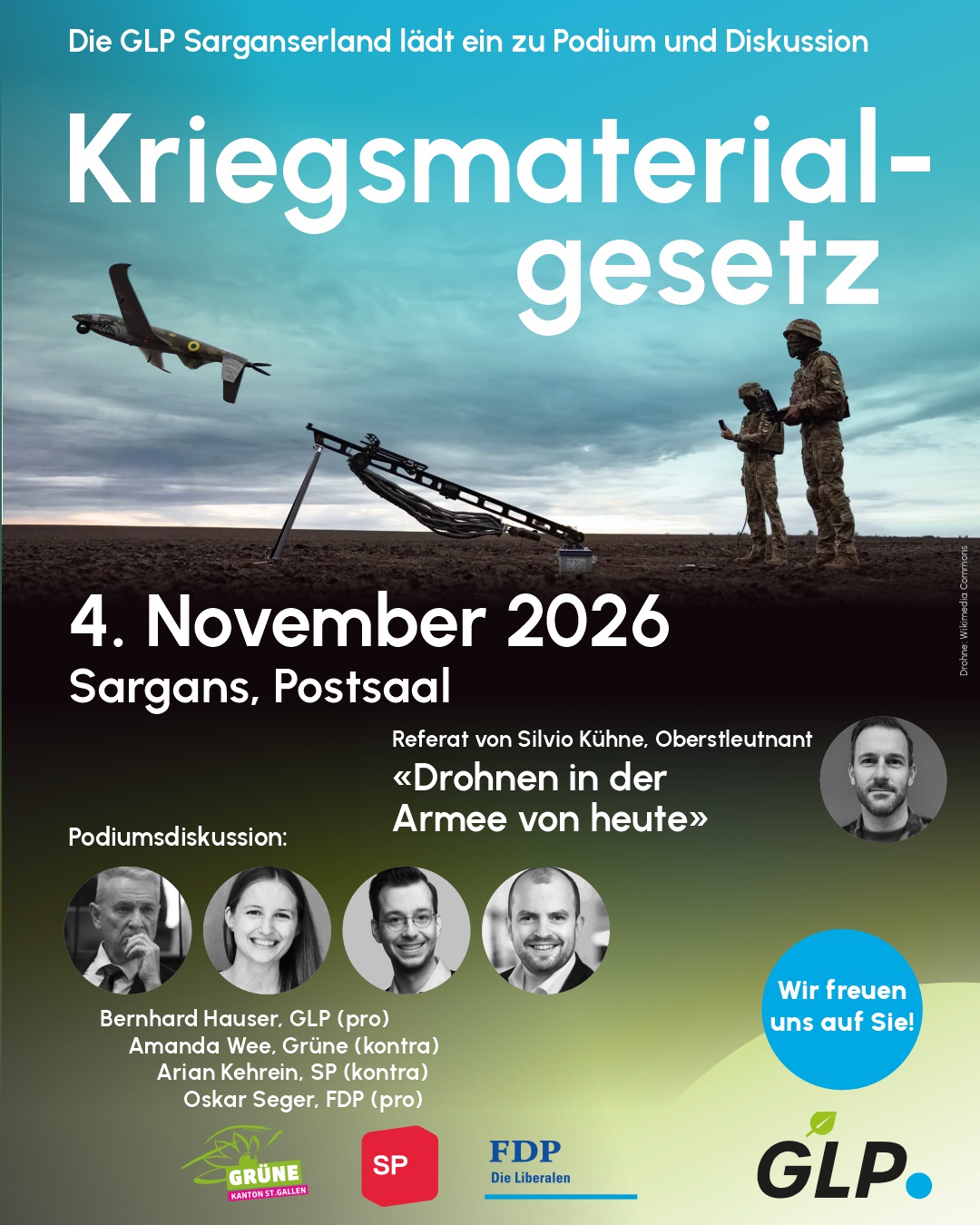 Flyer: Podium zum Kriegsmaterialgesetz am 4. November 2026 im Postsaal Sargans